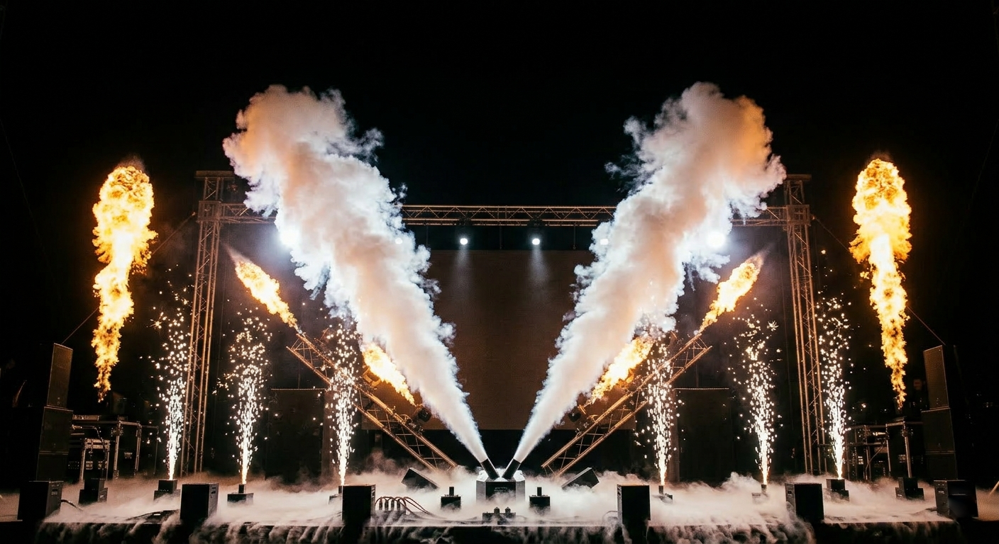 Efectos especiales con Esparkular, CrioJet y lanzallamas en evento en Bogotá