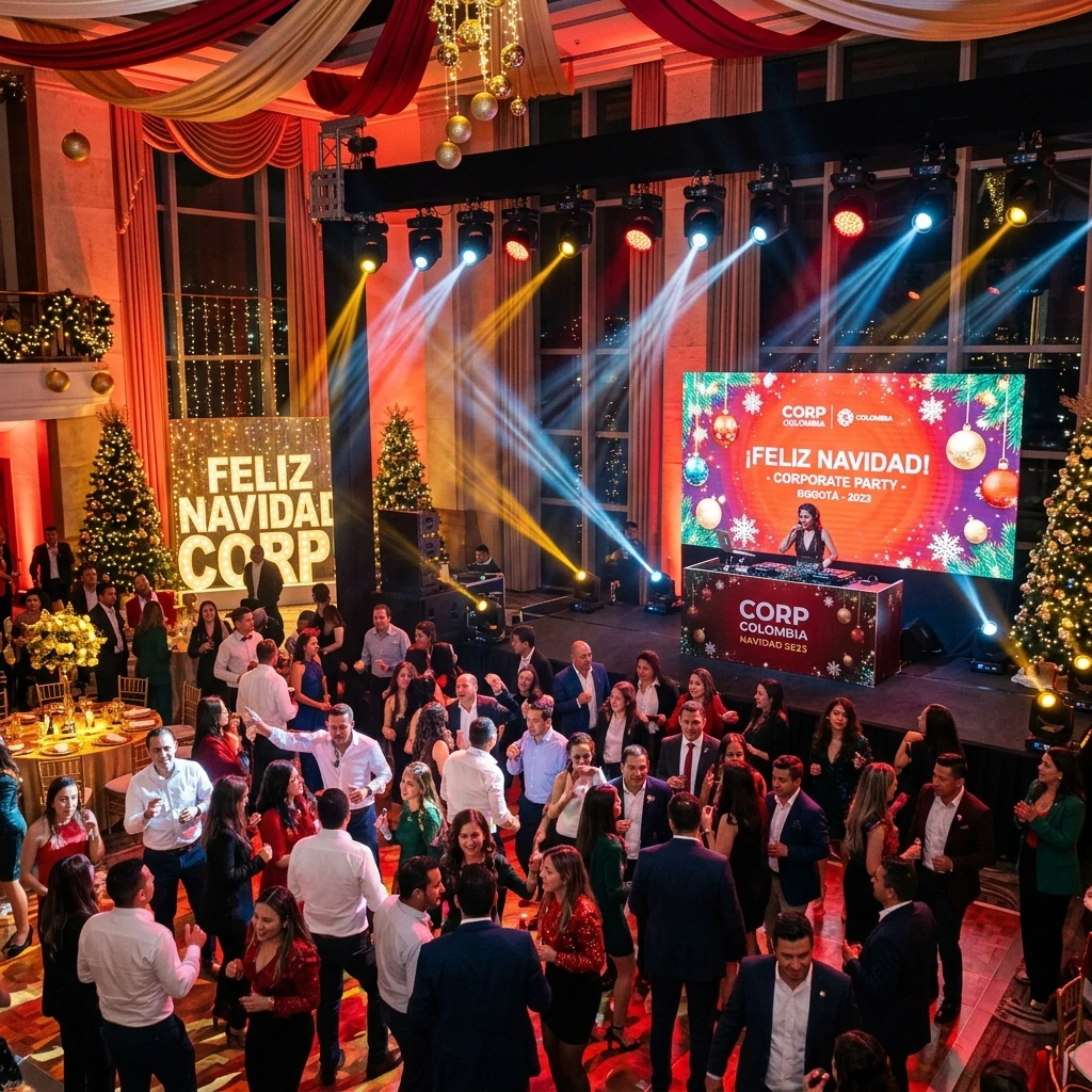Fiesta de fin de año empresarial en Bogotá con pantalla LED, iluminación de pista y decoración navideña