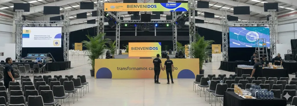 Evento corporativo de Mercado Libre con tarima y pantallas en Bogotá